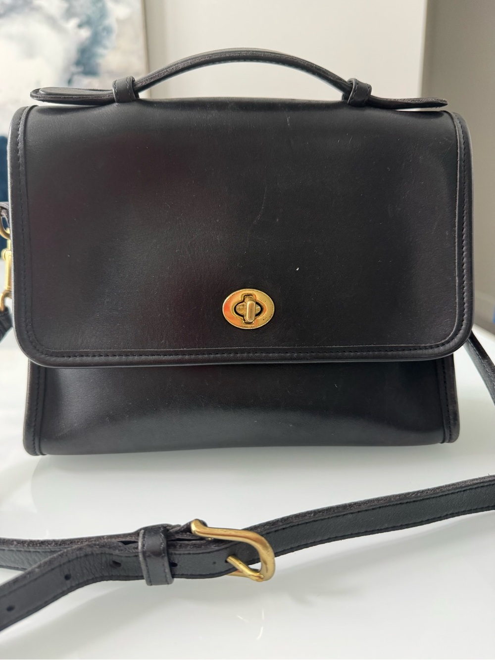Coach Black Leather Top-Handle Crossbody with Gold Hardware